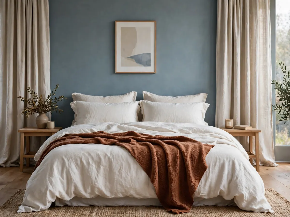 Soft blue-grey bedroom paint, a trending paint color for 2027 interiors