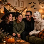 Group of friends in quick last minute Halloween costumes ready for a party