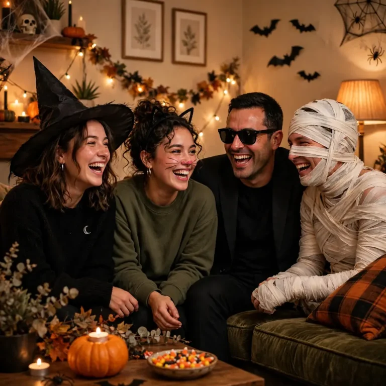 Group of friends in quick last minute Halloween costumes ready for a party