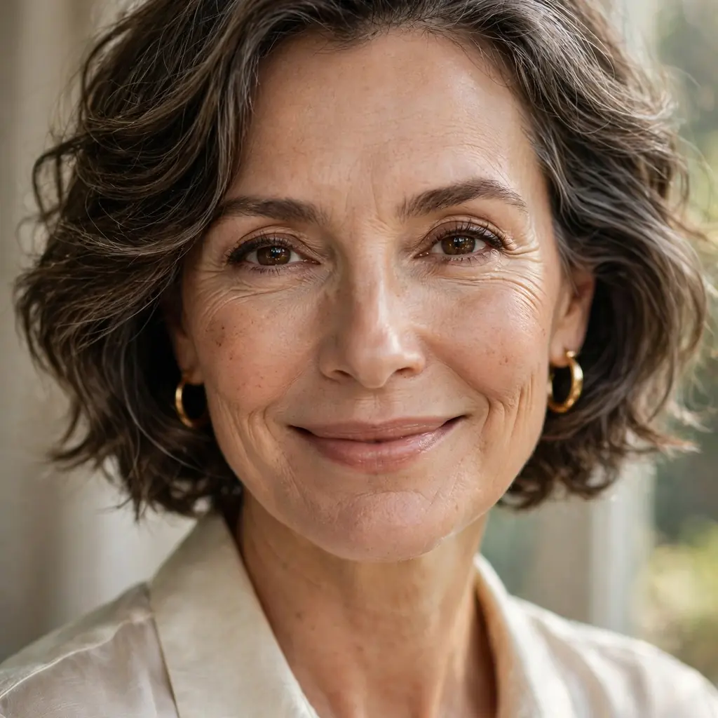 Elegant woman over 50 with a short wavy hairstyle smiling in natural light