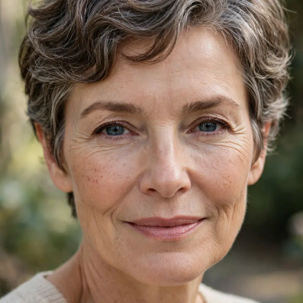 Woman over 50 wearing a classic short wavy pixie haircut
