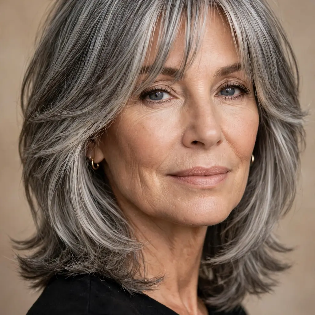 Gray layered lob with curtain bangs framing a woman's face