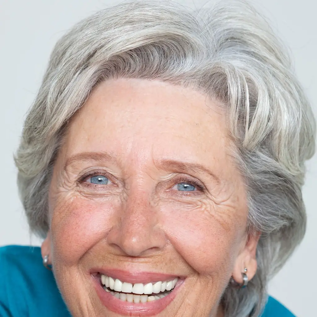 Tousled chin-length bob on a smiling older woman with silver hair