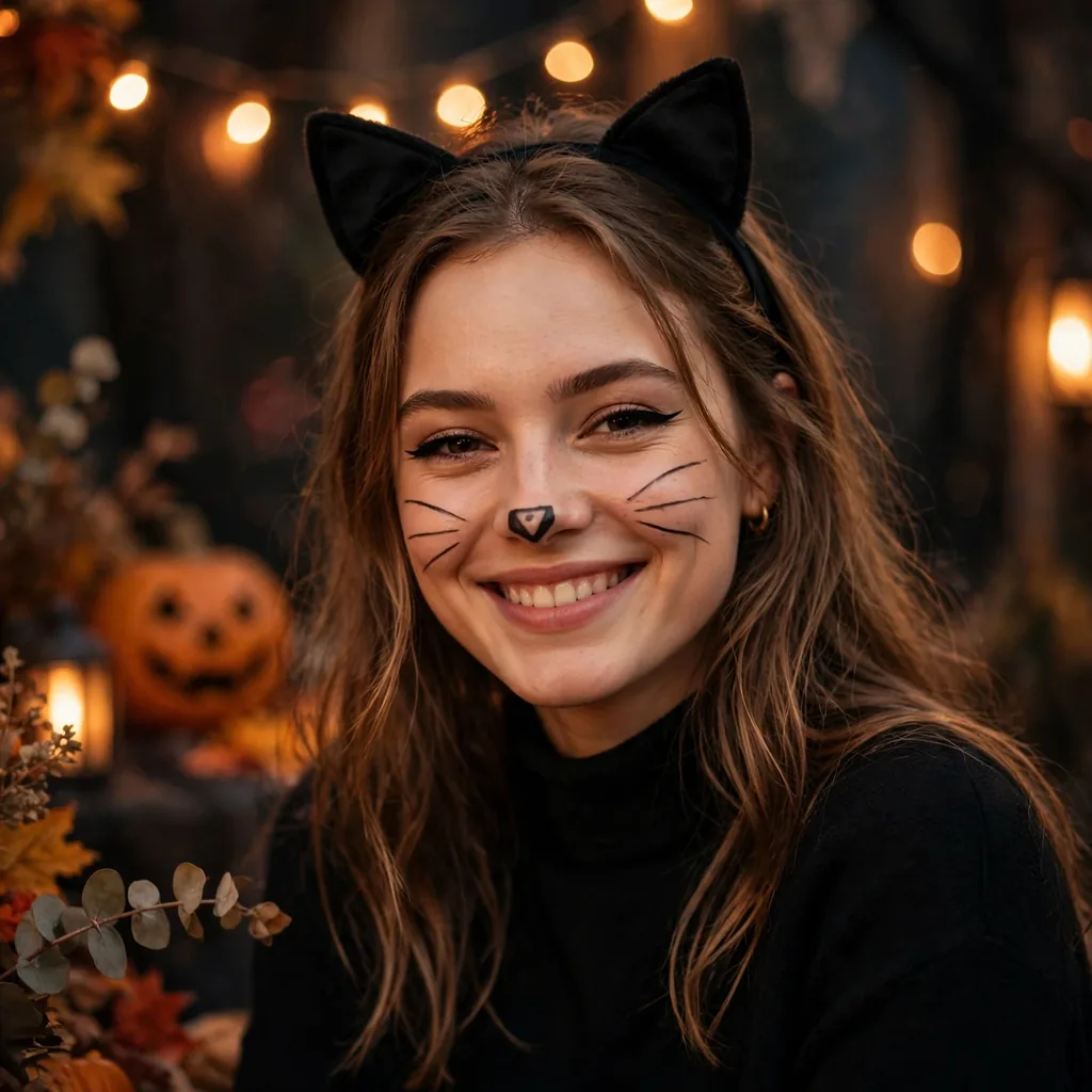 Woman with eyeliner cat whiskers and ears, an easy last minute cat costume