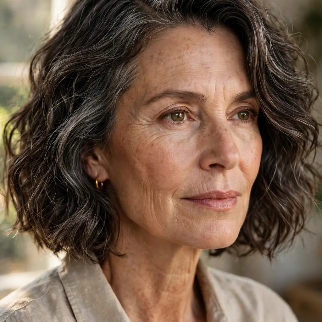 Mature woman with a wavy bob styled with a deep side part