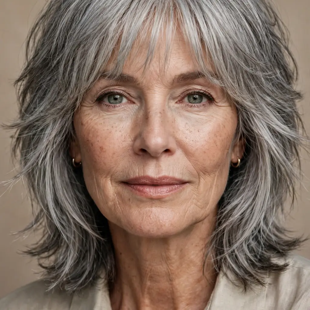Silver gray shag haircut with wispy layers and texture