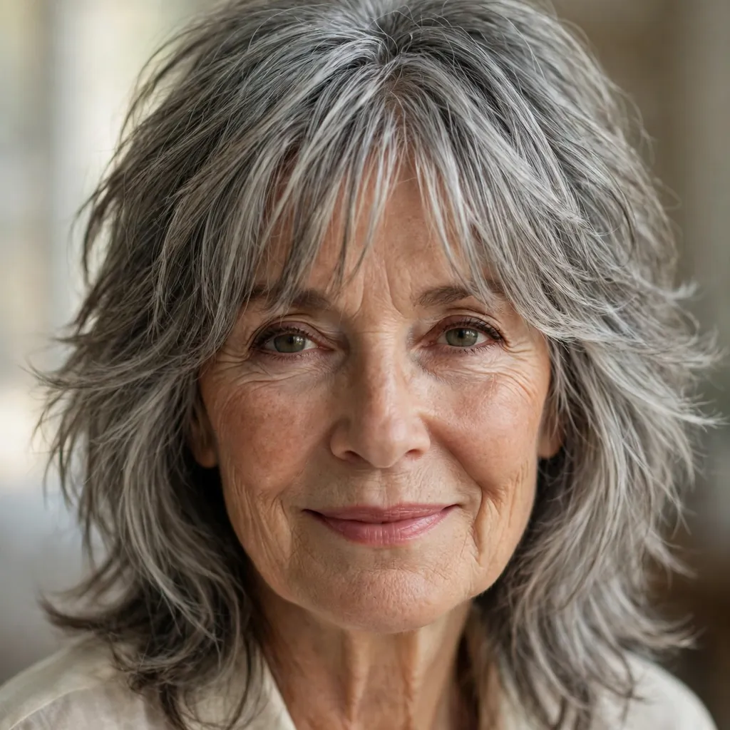 Shaggy layered haircut with curtain bangs on a woman over 60