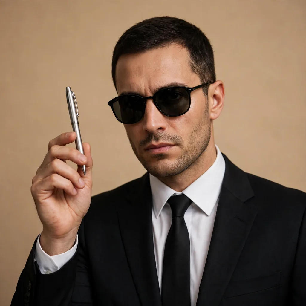 Person in a black suit and sunglasses as a Men in Black agent costume