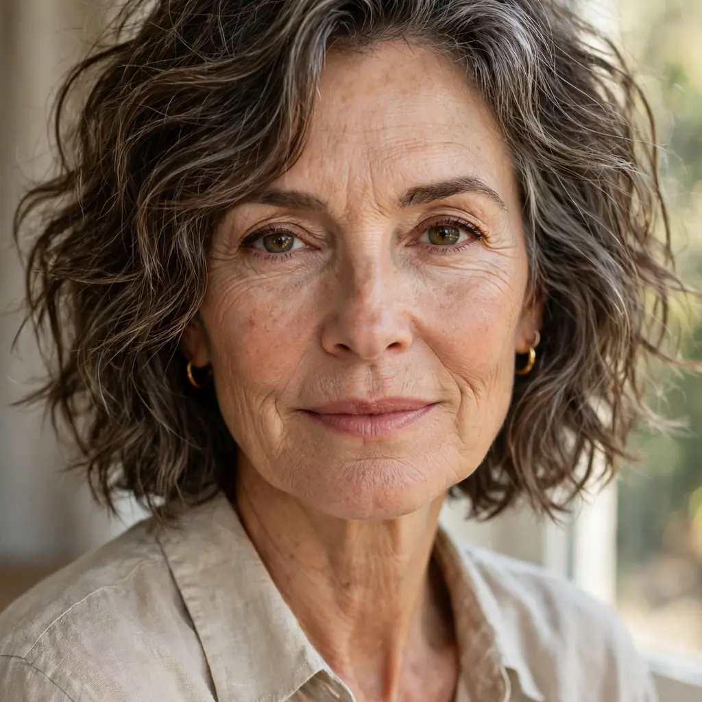 Woman with a tousled short wavy lob hairstyle falling just above the shoulders