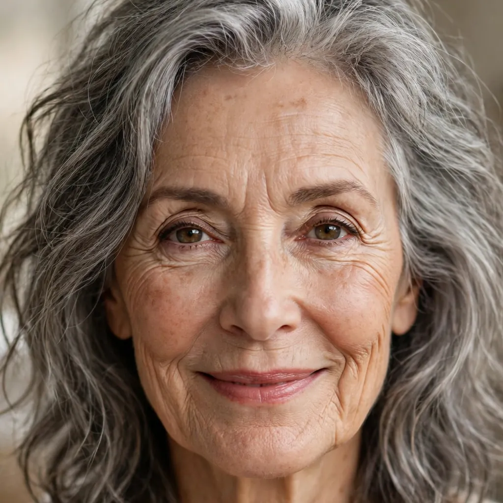 Messy lob haircut with lived-in ends on an elegant older woman