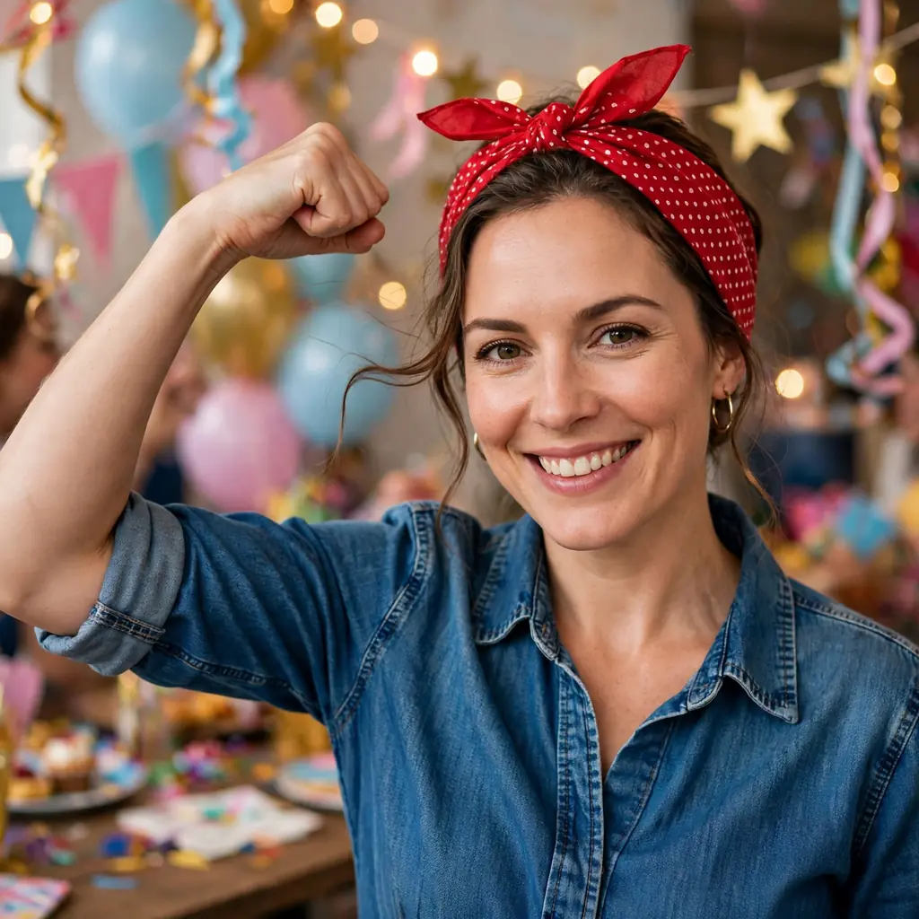 Rosie the Riveter costume with denim shirt and red polka dot bandana