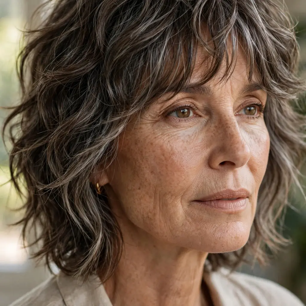 Woman over 50 with a modern layered wavy shag haircut