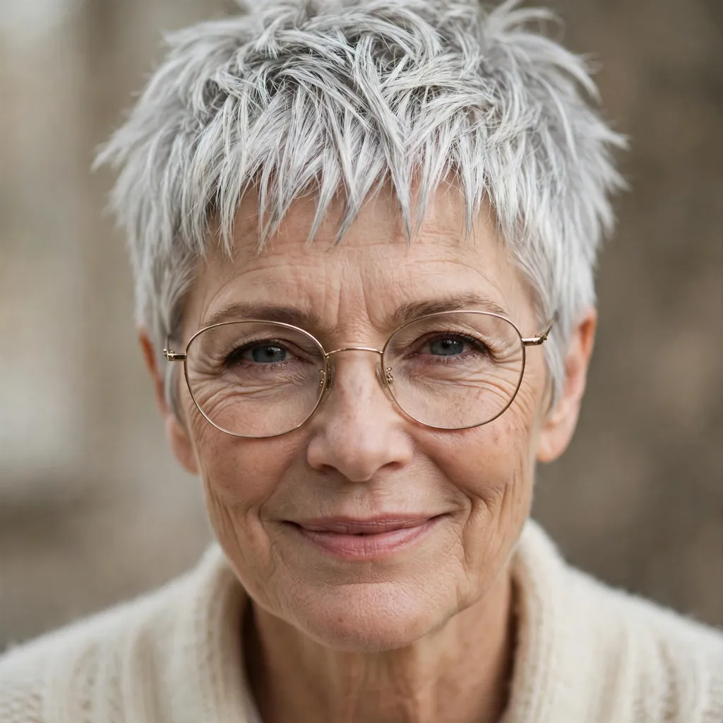 Choppy short crop with piecey fringe on a stylish woman over 60