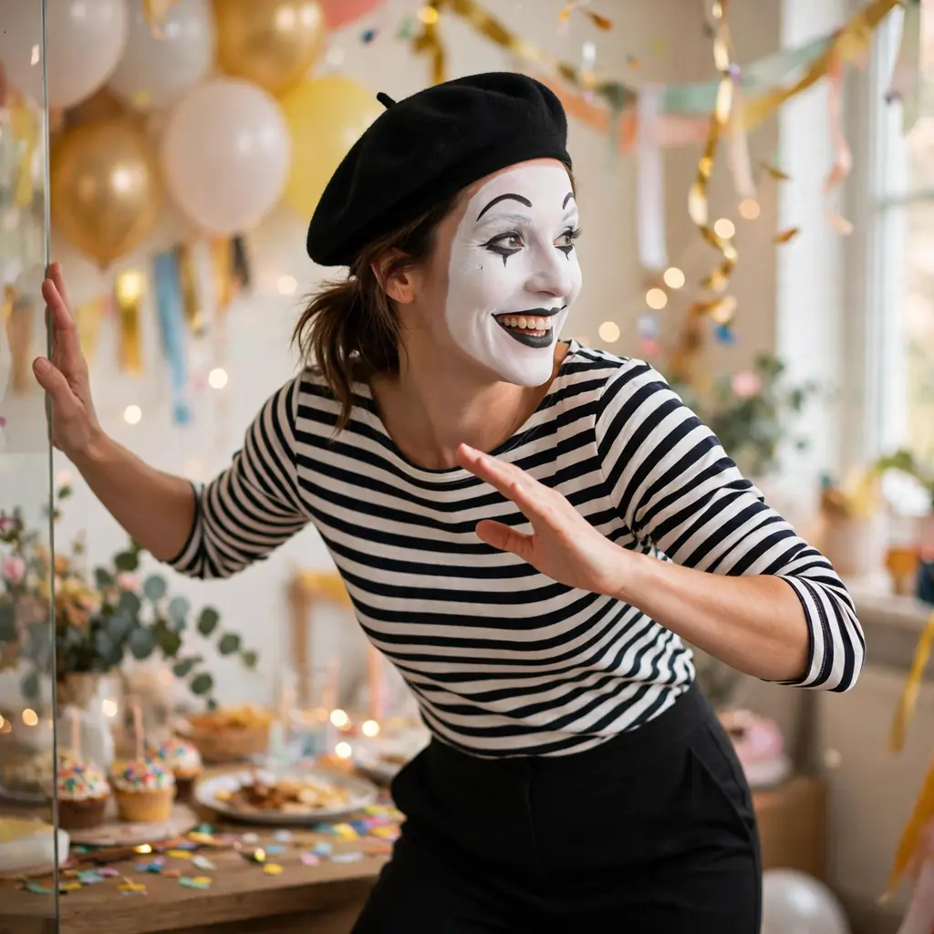 Mime artist costume with striped top, beret and white face paint