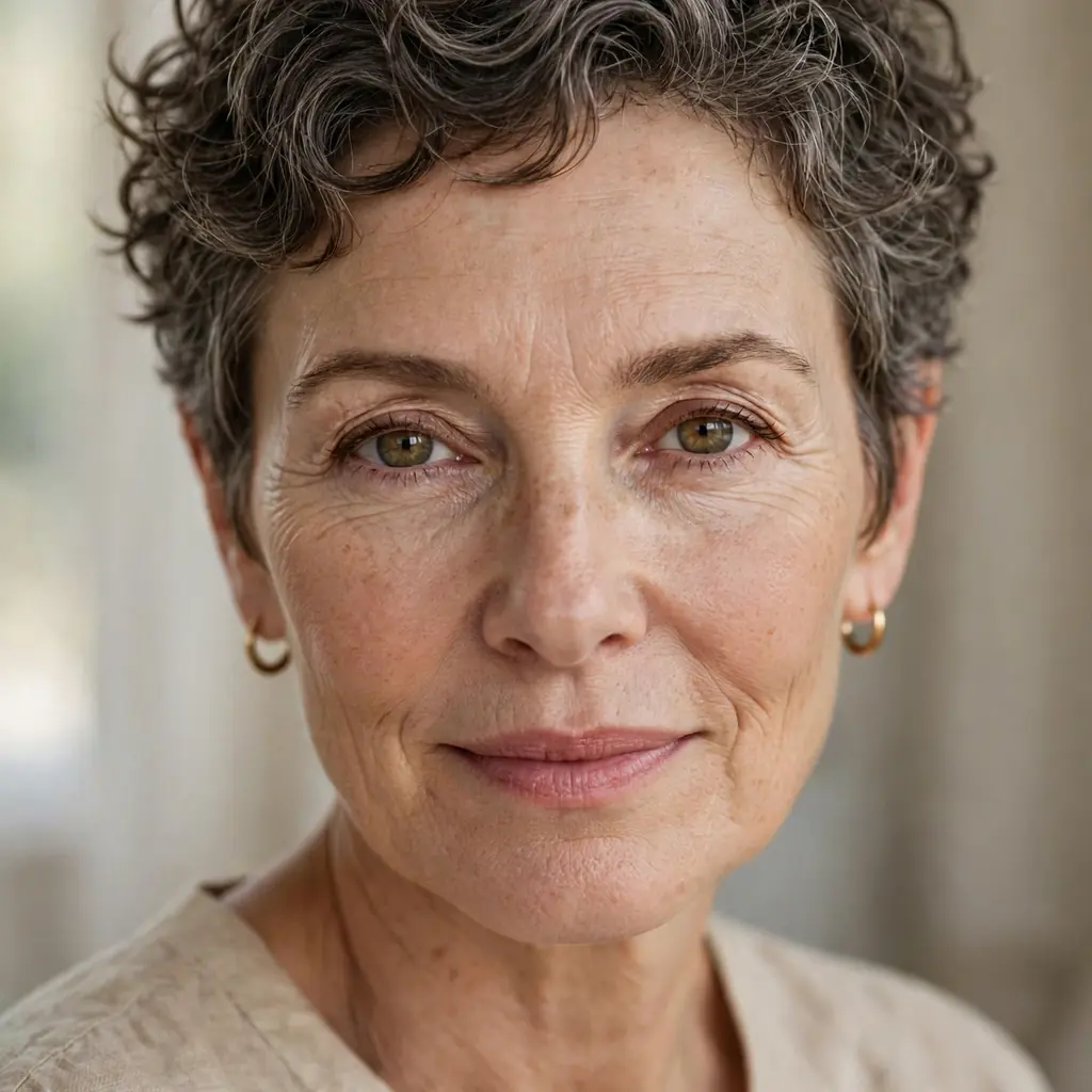 Smiling woman with a short curly-wavy cropped hairstyle