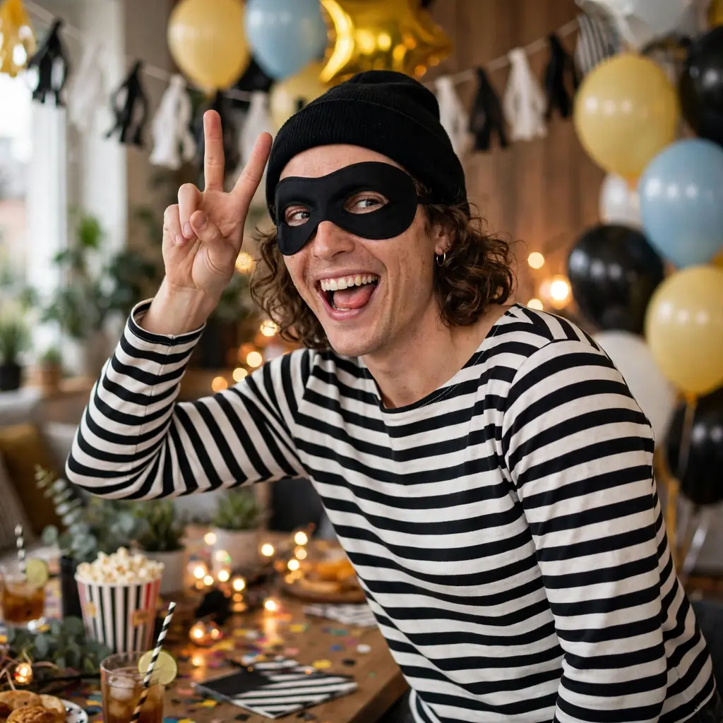 Bank robber costume with striped top, black beanie and eye mask