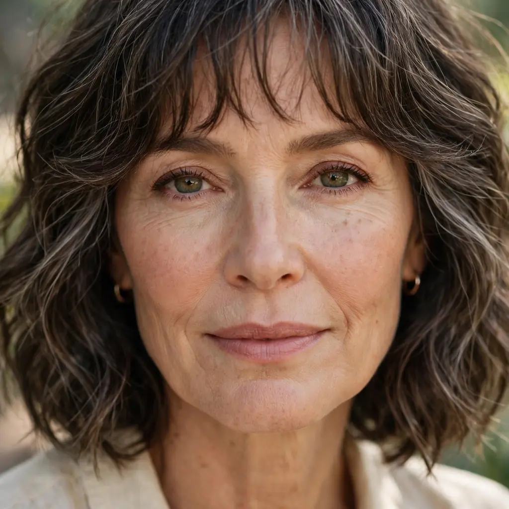Woman over 50 with a wavy bob and soft wispy bangs