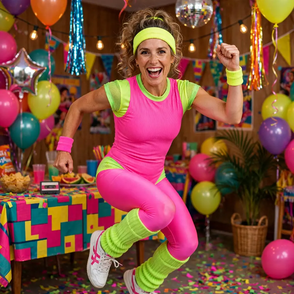 80s aerobics instructor costume with neon leotard and leg warmers