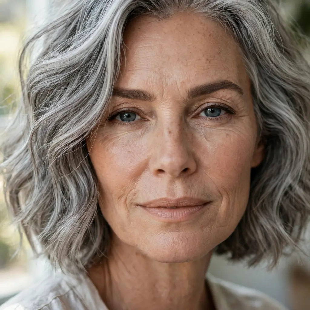 Elegant mature woman with a silver grey wavy bob hairstyle