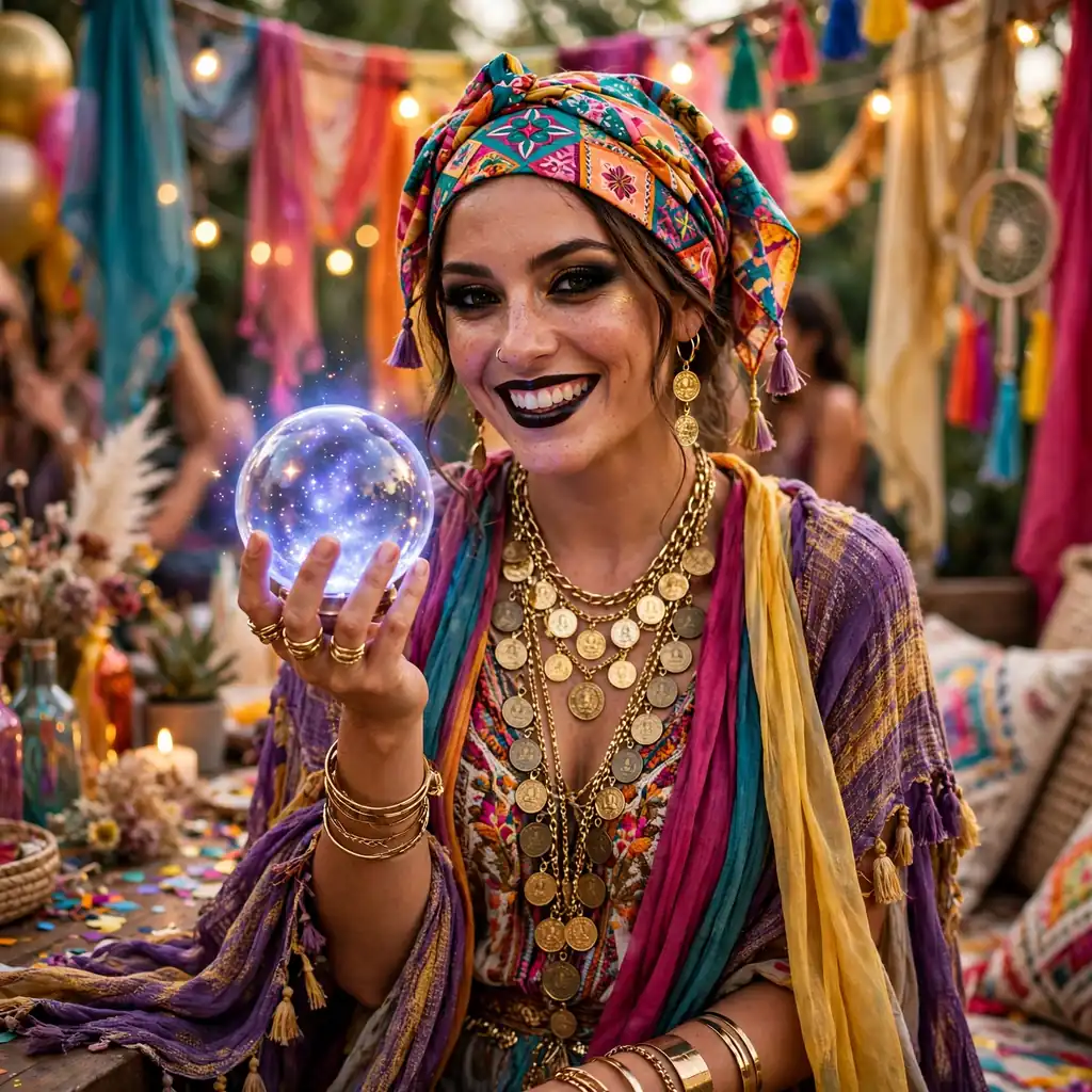 Fortune teller costume with headscarf, layered jewellery and dark makeup