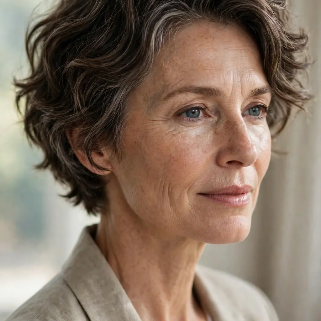 Woman with a short layered wavy crop hairstyle showing movement
