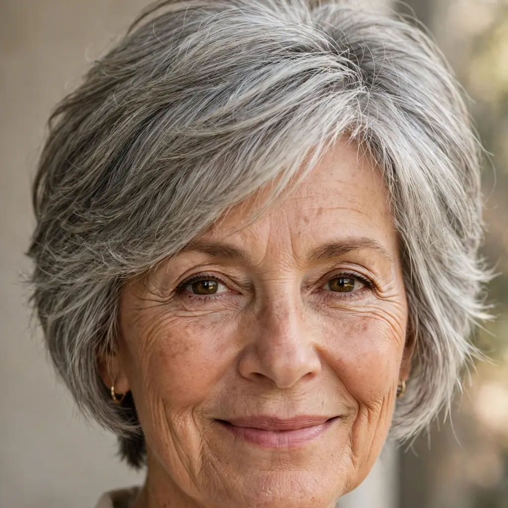 Layered bixie haircut, a mix of bob and pixie, on a woman over 60