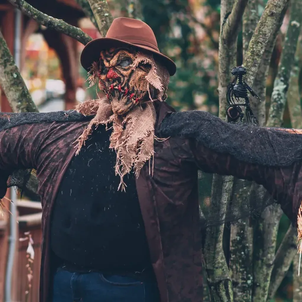 Scarecrow costume with a burlap mask, brown hat and tattered clothes