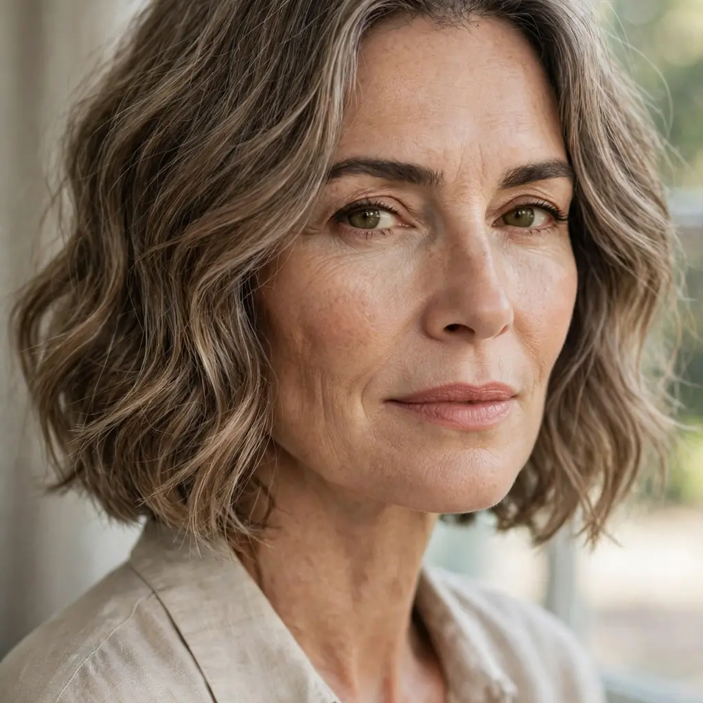 Woman wearing a chin-length wavy bob hairstyle with soft waves