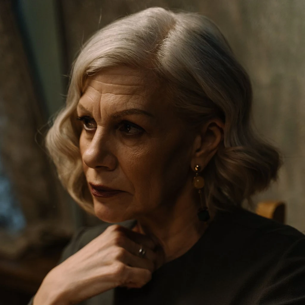 Side-swept tousled layered haircut on an older woman with grey hair
