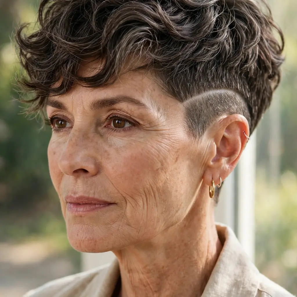 Woman with thick hair wearing a short wavy pixie undercut