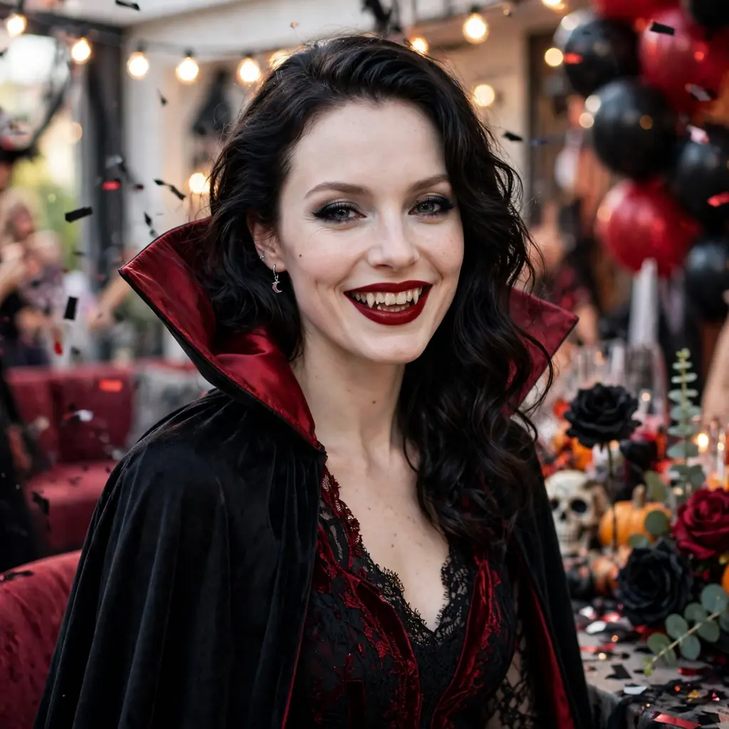 Vampire costume with dark clothes, pale makeup and red lipstick