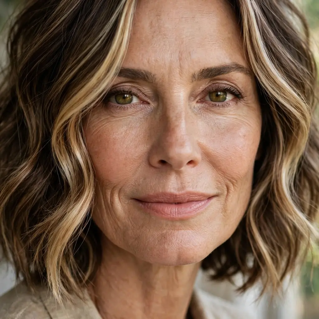 Mature woman with a short wavy bob and face-framing highlights