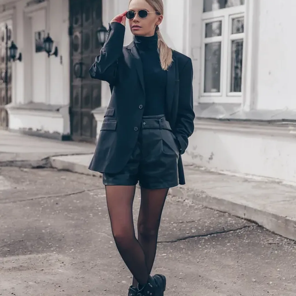 Woman in an oversized black blazer with shorts and turtleneck, 80s inspired street outfit