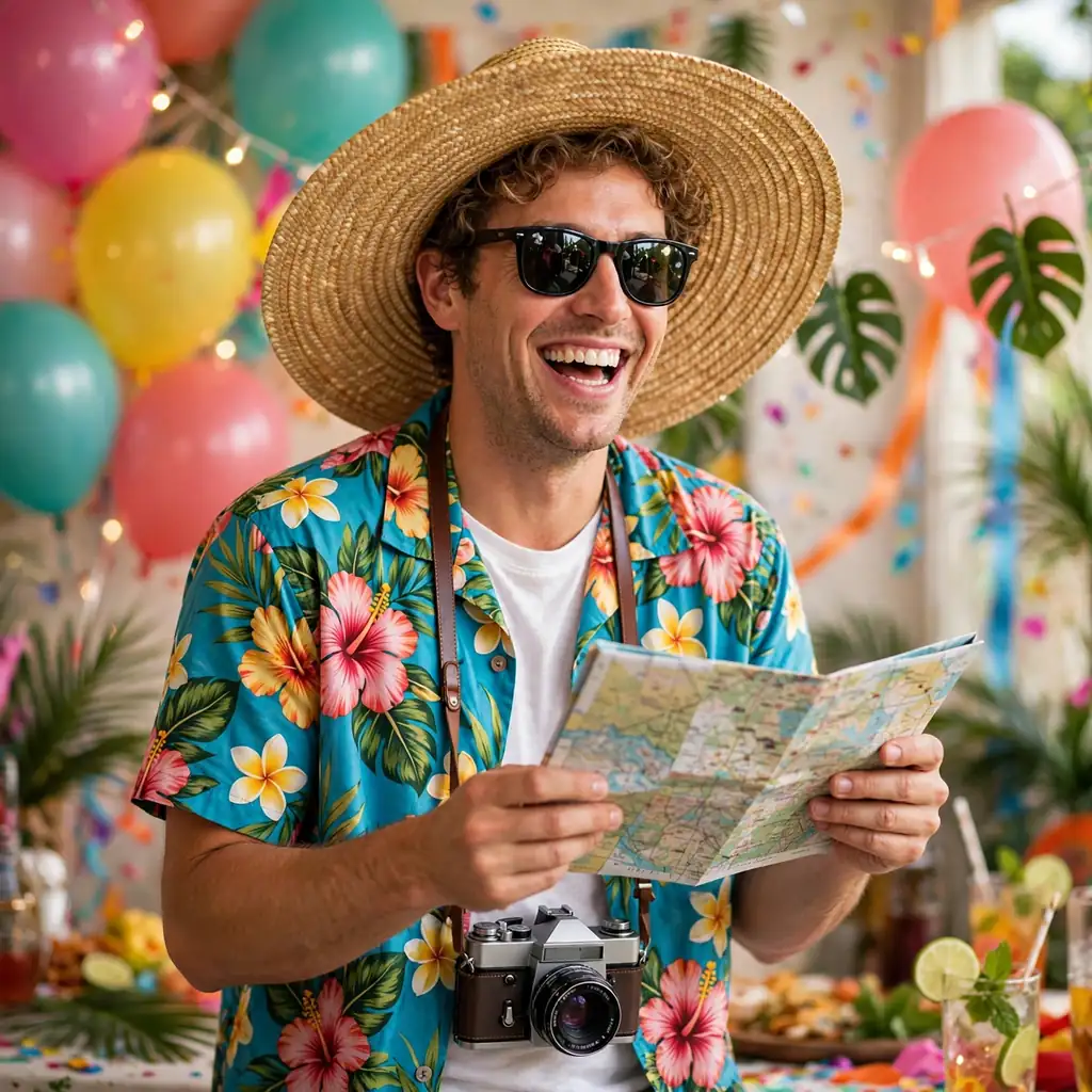 Funny tourist costume with Hawaiian shirt, sun hat and camera