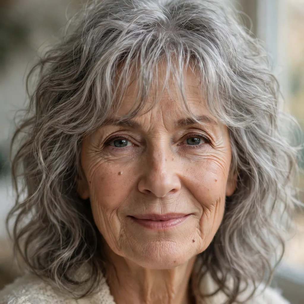 Wavy tousled mid-length hair with wispy bangs on a woman over 60