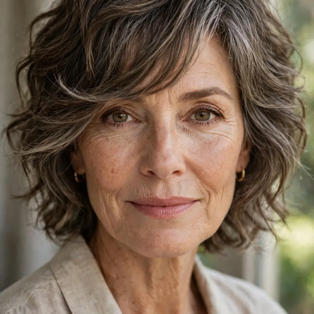Woman over 50 with a long wavy pixie and sweeping side fringe