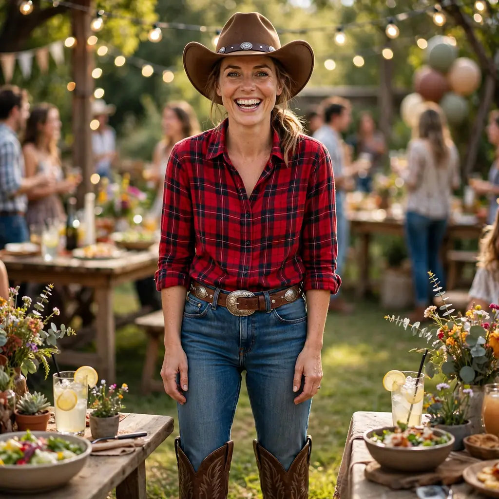 Cowgirl costume with plaid shirt, jeans, boots and cowboy hat