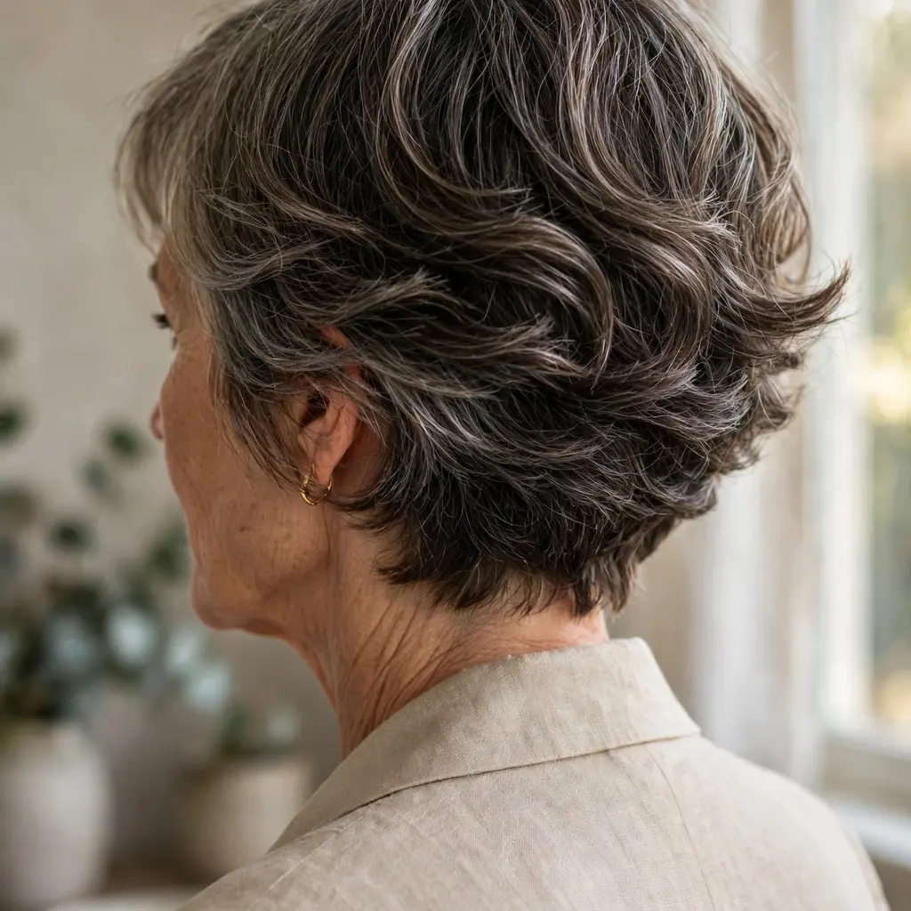 Back view of a stacked wavy bob with graduated layers
