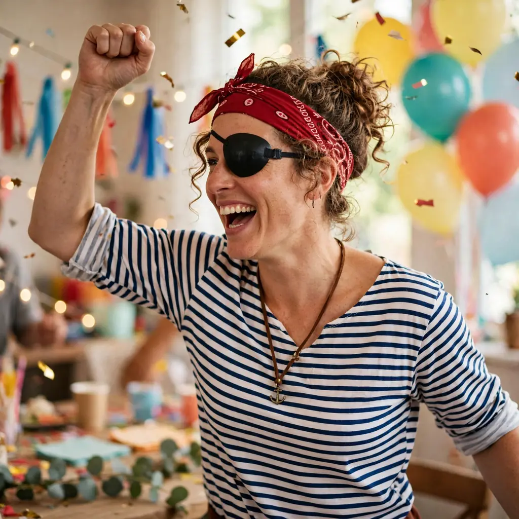 Pirate costume with striped top, bandana and eye patch