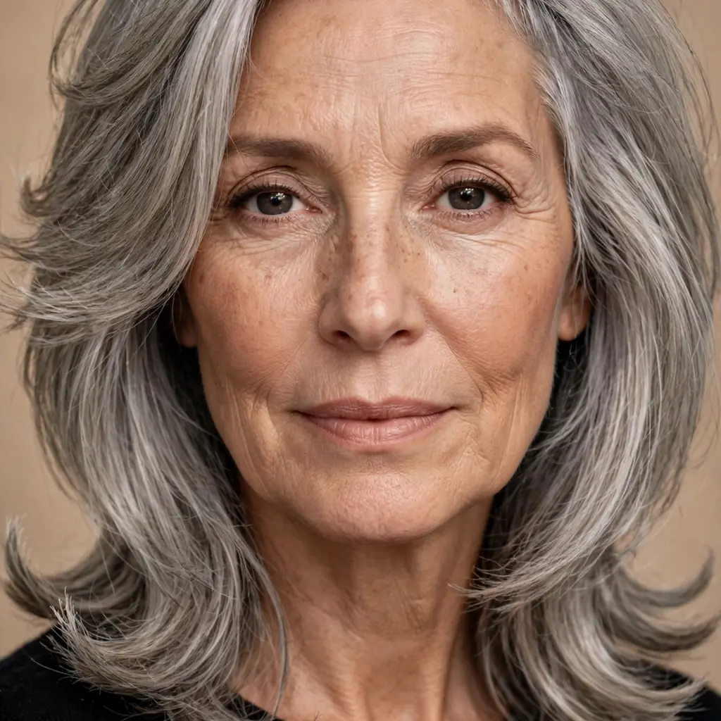 Shoulder length gray layered hair with flipped out ends