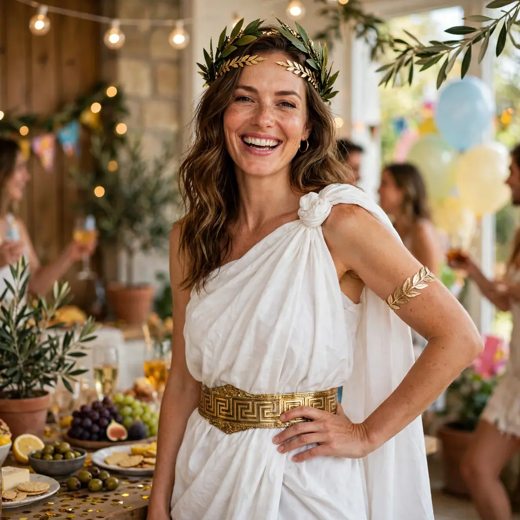Greek goddess costume with white sheet toga and gold accessories