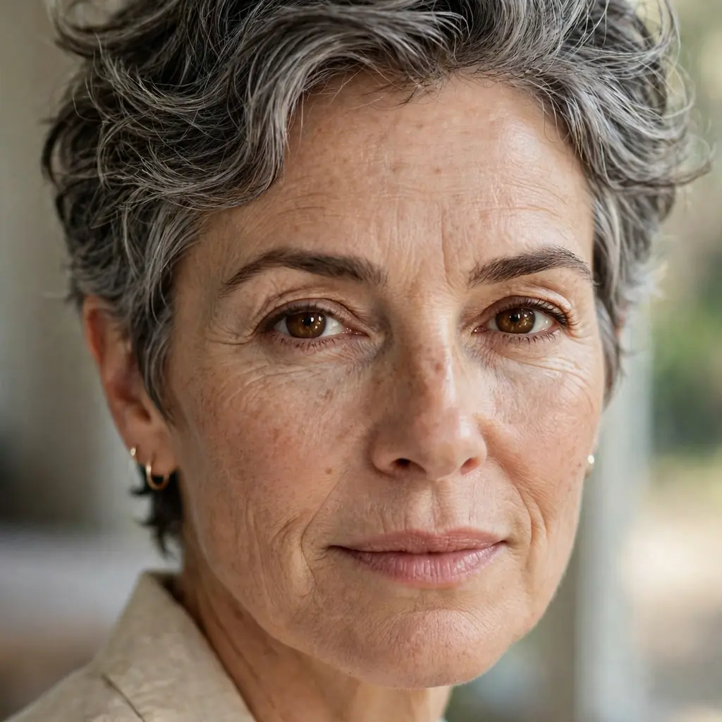 Woman with a salt-and-pepper short wavy cropped hairstyle