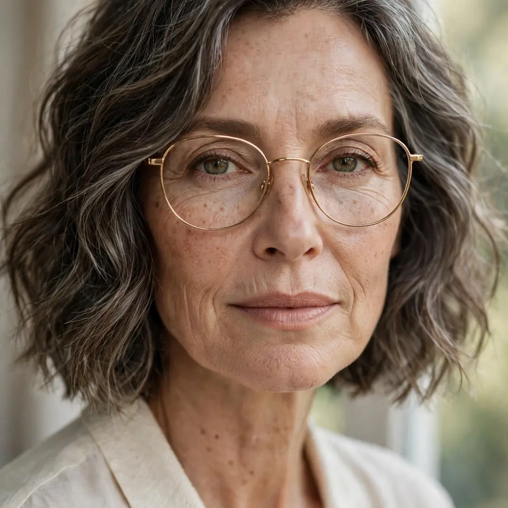 Woman over 50 wearing glasses with a short wavy bob hairstyle