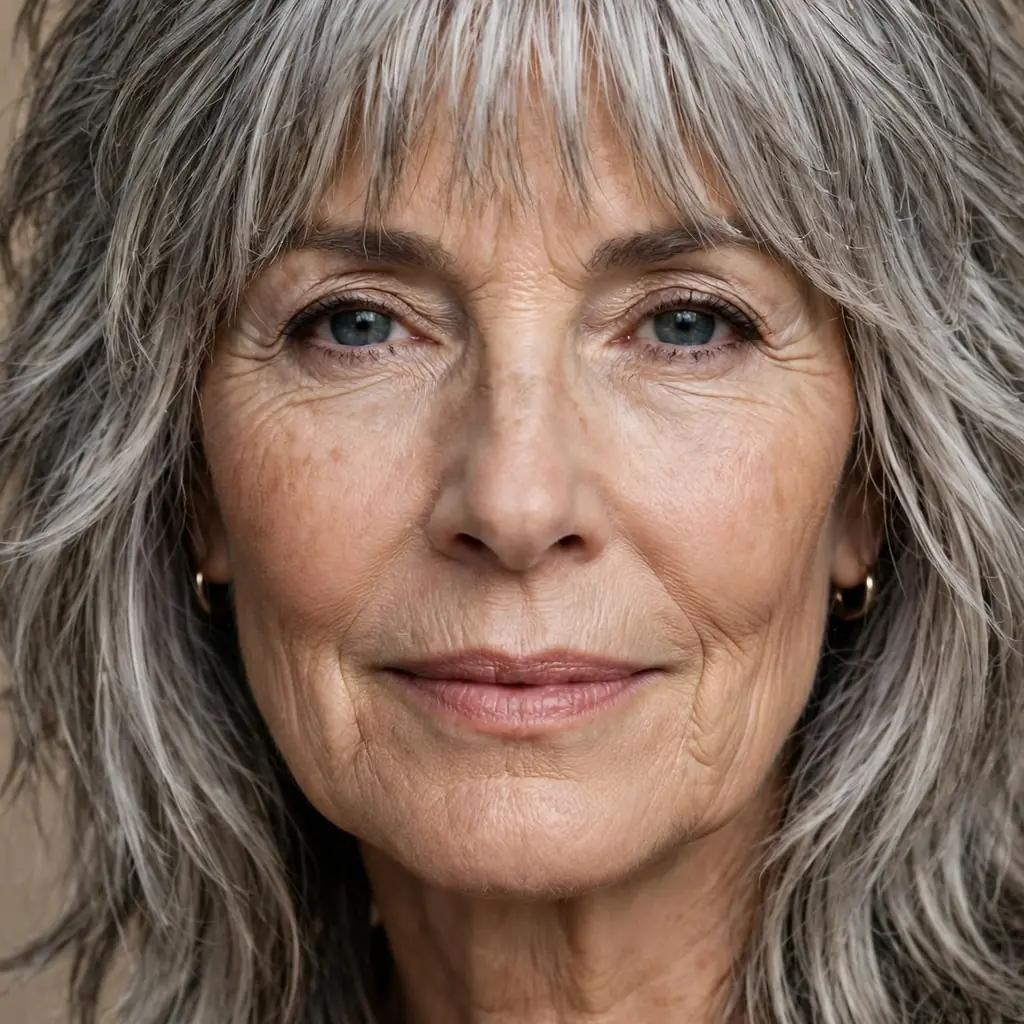 Shaggy gray layered lob with bangs and tousled texture