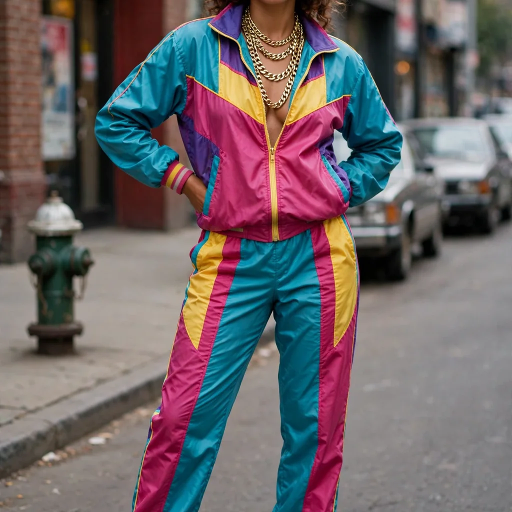 Woman in a colourful 80s hip hop tracksuit with chunky gold chains and cap, retro street outfit