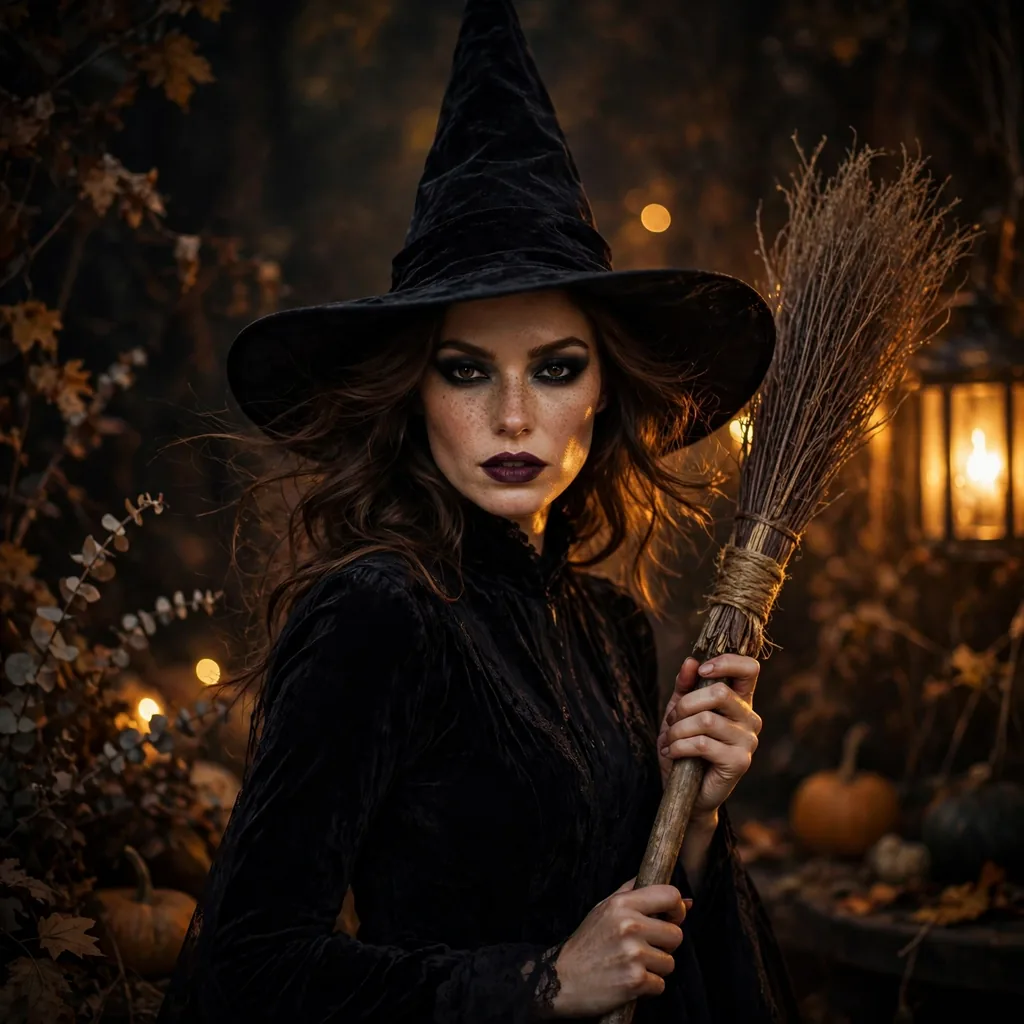 Witch costume with black dress and pointed hat for Halloween