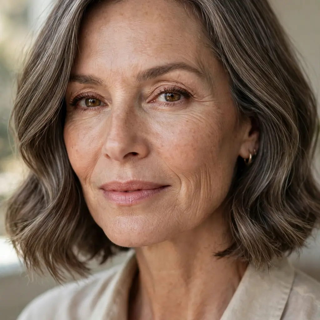 Woman with a sleek A-line wavy bob longer at the front