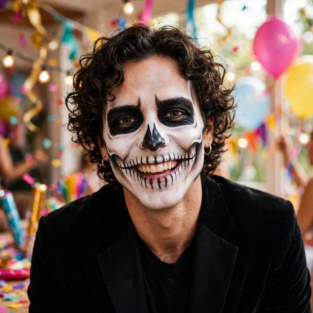 Skeleton costume with black clothes and white skull face paint
