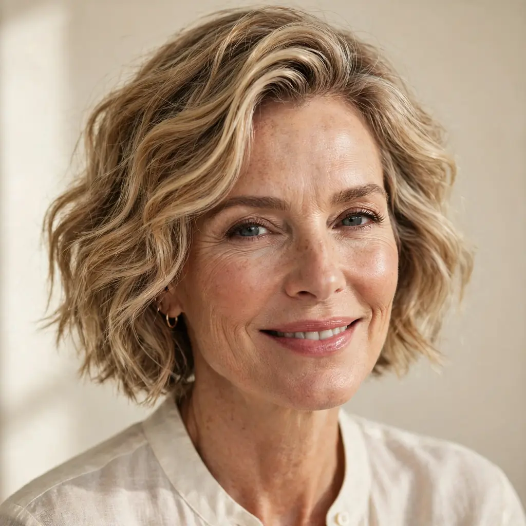 Woman with a short bob styled in relaxed beachy waves