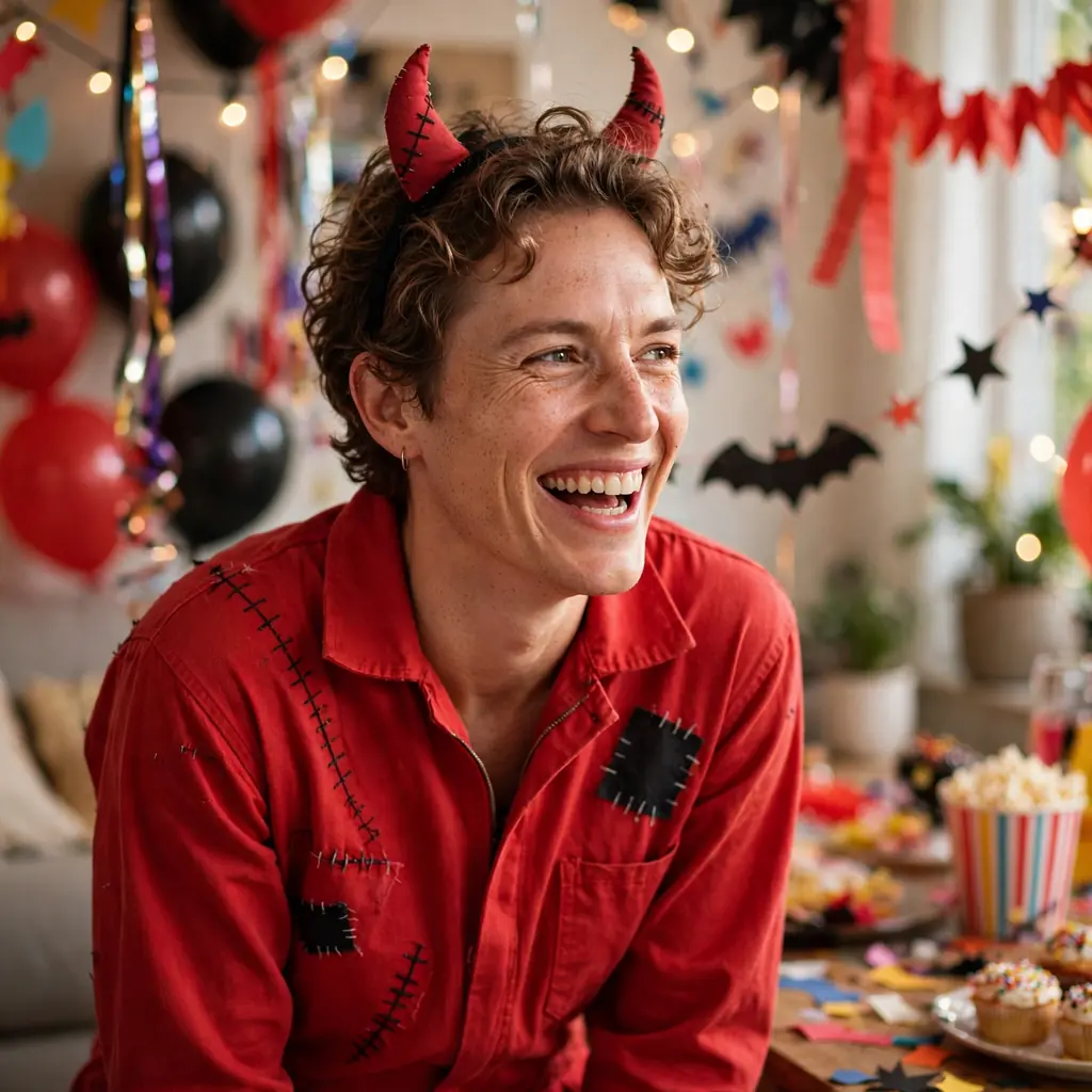 Devil costume in red with horns, an easy last minute Halloween look